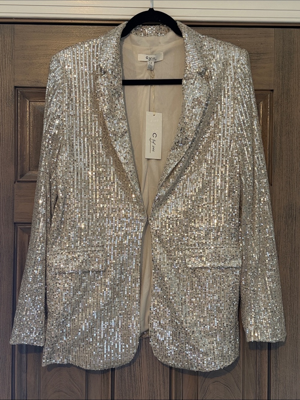 C by One Sequin Blazer Jacket in Champagne Silver, Large